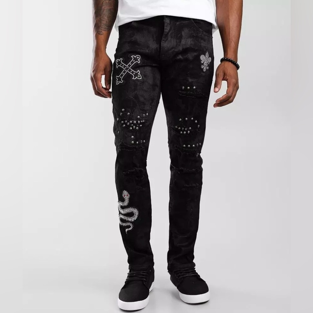 Smoke Rise Coal Black Taper Stretch Jean Men’s 32/32 rhinestones